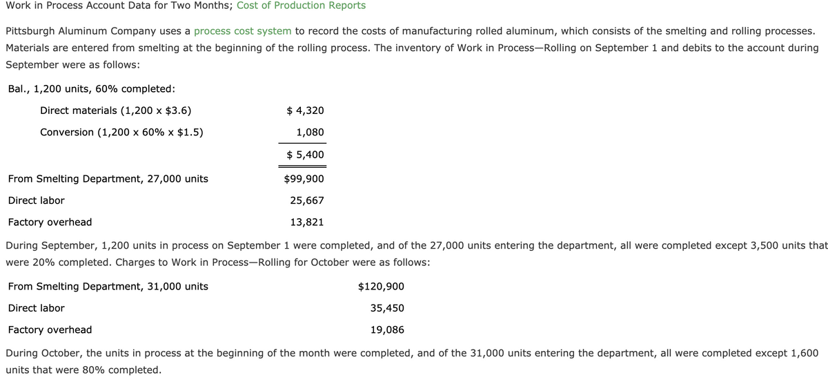 Work in Process Account Data for Two Months; Cost of Production Reports
Pittsburgh Aluminum Company uses a process cost system to record the costs of manufacturing rolled aluminum, which consists of the smelting and rolling processes.
Materials are entered from smelting at the beginning of the rolling process. The inventory of Work in Process-Rolling on September 1 and debits to the account during
September were as follows:
Bal., 1,200 units, 60% completed:
Direct materials (1,200 x $3.6)
$ 4,320
Conversion (1,200 x 60% x $1.5)
1,080
$ 5,400
From Smelting Department, 27,000 units
$99,900
Direct labor
25,667
Factory overhead
13,821
During September, 1,200 units in process on September 1 were completed, and of the 27,000 units entering the department, all were completed except 3,500 units that
were 20% completed. Charges to Work in Process-Rolling for October were as follows:
From Smelting Department, 31,000 units
$120,900
Direct labor
35,450
Factory overhead
19,086
During October, the units in process at the beginning of the month were completed, and of the 31,000 units entering the department, all were completed except 1,600
units that were 80% completed.
