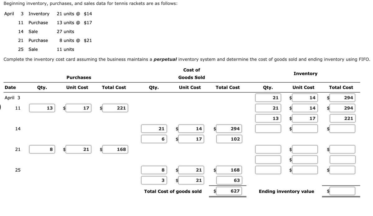 Beginning inventory, purchases, and sales data for tennis rackets are as follows:
April
3 Inventory
21 units @ $14
11
Purchase
13 units @ $17
14
Sale
27 units
21
Purchase
8 units @ $21
25
Sale
11 units
Complete the inventory cost card assuming the business maintains a perpetual inventory system and determine the cost of goods sold and ending inventory using FIFO.
Cost of
Inventory
Purchases
Goods Sold
Date
Qty.
Unit Cost
Total Cost
Qty.
Unit Cost
Total Cost
Qty.
Unit Cost
Total Cost
April 3
21
$
14
$
294
11
13
17
221
21
14
$
294
13
$
17
221
14
21
$
14
2$
294
17
102
21
8
21
168
$4
25
2$
21
$4
168
3
21
63
Total Cost of goods sold
$4
627
Ending inventory value
%24
%24
%24
%24
