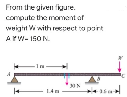 From the given figure,
compute the moment of
weight W with respect to point
A if W= 150 N.
W
– 1m
A
B
30 N
→
*0.6 m→|
1.4 m
