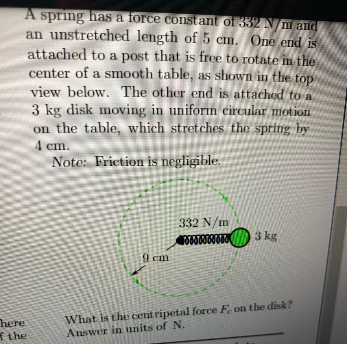 spring has a force constant of 332N/m and
an unstretched length of 5 em. One end is
attached to a post that is free to rotate in the
center of a smooth table, as shown in the top
view below. The other end is attached to a
3 kg disk moving in uniform circular motion
on the table, which stretches the spring by
4 cm.
Note: Friction is negligible.
332 N/m
3 kg
9 cm
here
f the
What is the centripetal force F on the disk?
Answer in units of N.
