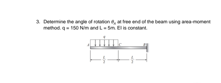 3. Determine the angle of rotation 0, at free end of the beam using area-moment
method. q = 150 N/m and L = 5m. El is constant.
Him.
