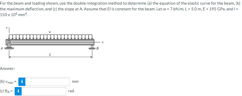 For the beam and loading shown, use the double-integration method to determine (a) the equation of the elastic curve for the beam, (b)
the maximum deflection, and (c) the slope at A. Assume that El is constant for the beam. Let w = 7 kN/m, L = 5.0 m, E = 195 GPa, and I =
150 x 106 mm4.
Answer:
(b) Vmax
mm
(c) ĐA = i
rad
