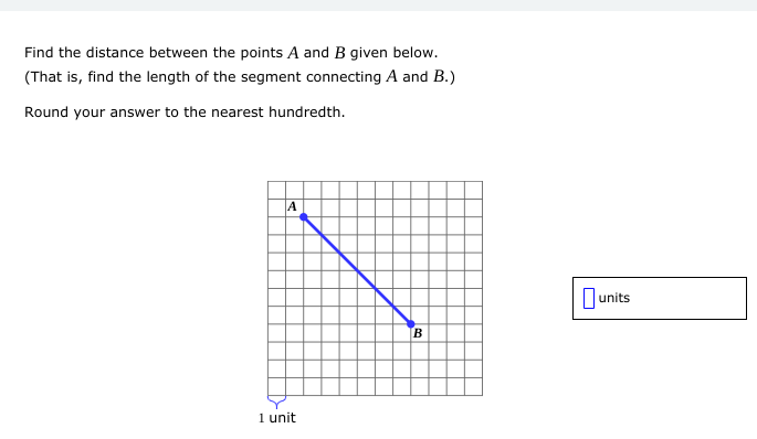 Find the distance between the points A and B given below.
(That is, find the length of the segment connecting A and B.)
Round your answer to the nearest hundredth.
A
units
1 unit
