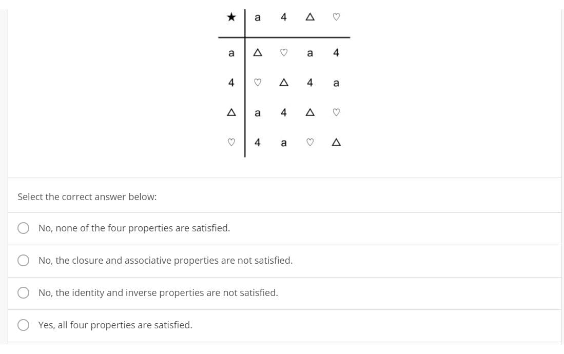 a
a
4
4
A
4
a
A
a
4
a
A
Select the correct answer below:
No, none of the four properties are satisfied.
No, the closure and associative properties are not satisfied.
No, the identity and inverse properties are not satisfied.
Yes, all four properties are satisfied.
4.
