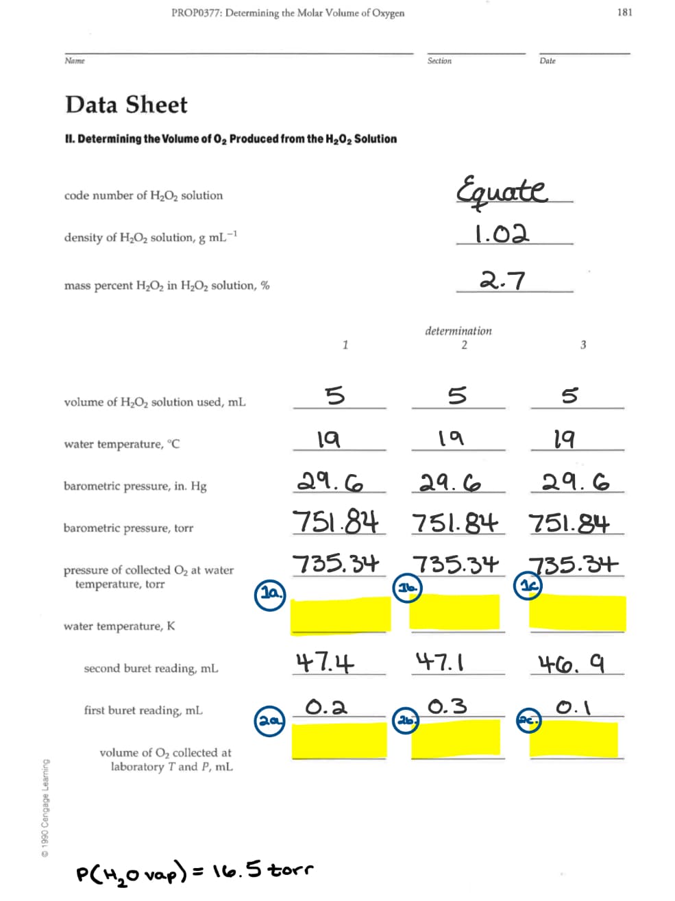 PROP0377: Determining the Molar Volume of Oxygen
181
Name
Section
Date
Data Sheet
II. Determining the Volume of 02 Produced from the H202 Solution
Equate
code number of H,O2 solution
density of H¿O2 solution, g mL-1
1.02
mass percent H¿O2 in H2O2 solution, %
2.7
determination
1
2
3
5
volume of H2O2 solution used, mL
water temperature, °C
19
1a
19
29.6
29.6
29.6
barometric pressure, in. Hg
751.84 751. 84 751.84
barometric pressure, torr
735.34 35.37
735.34
pressure of collected O2 at water
temperature, torr
16.
1a
water temperature, K
47.4
47.1
46.9
second buret reading, mL
first buret reading, mL
0.2
0.3
volume of O2 collected at
laboratory T and P, mL
PCH,0 vap) = 16.5 torr
© 1990 Cengage Learning
