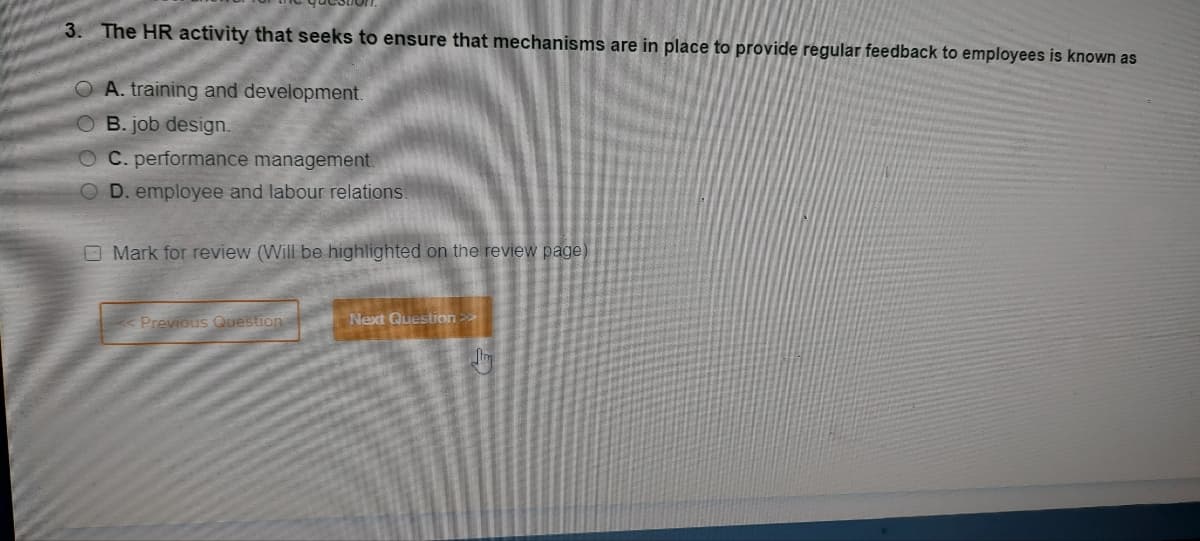 3. The HR activity that seeks to ensure that mechanisms are in place to provide regular feedback to employees is known as
OA. training and development.
OB. job design.
O C. performance management.
O D. employee and labour relations.
Mark for review (Will be highlighted on the review page)
<< Previous Question
Next Question >>
Jbry