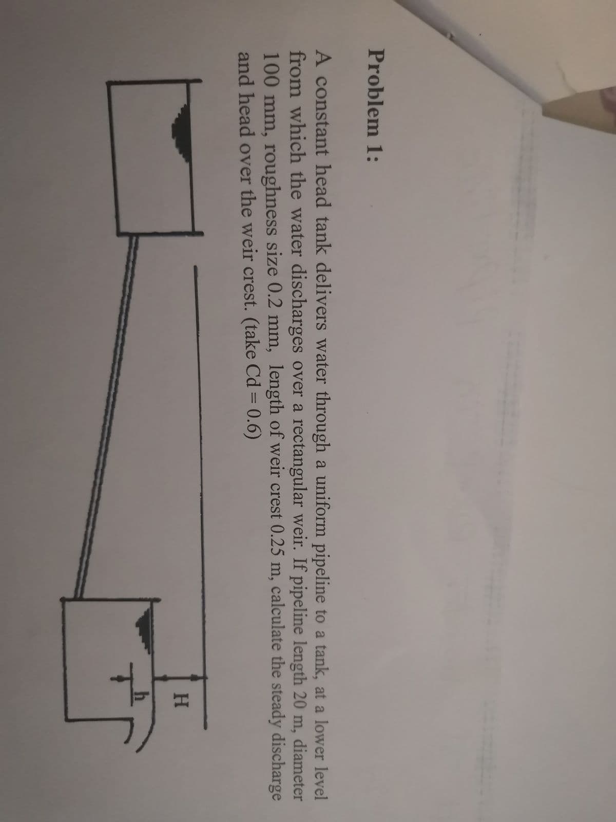 Problem 1:
A constant head tank delivers water through a uniform pipeline to a tank, at a lower level
from which the water discharges over a rectangular weir. If pipeline length 20 m, diameter
100 mm, roughness size 0.2 mm, length of weir crest 0.25 m, calculate the steady discharge
and head over the weir crest. (take Cd = 0.6)
%3D
H.
