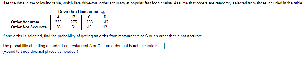 Use the data in the following table, which lists drive-thru order accuracy at popular fast food chains. Assume that orders are randomly selected from those included in the table.
Drive-thru Restaurant p
В
D
Order Accurate
Order Not Accurate
333
38
275
238
142
51
40
13
If one order is selected, find the probability of getting an order from restaurant A or C or an order that is not accurate.
The probability of getting an order from restaurant A or C or an order that is not accurate is
(Round to three decimal places as needed.)
