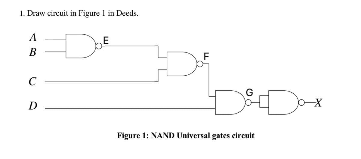 1. Draw circuit in Figure 1 in Deeds.
E
A
B
D
C
D
Figure 1: NAND Universal gates circuit
Do-
-X