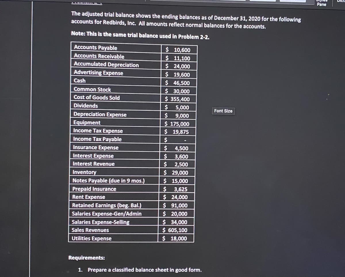 Dict
Pane
The adjusted trìal balance shows the ending balances as of December 31, 2020 for the following
accounts for Redbirds, Inc. All amounts reflect normal balances for the accounts.
Note: This is the same trial balance used in Problem 2-2.
Accounts Payable
$ 10,600
$11,100
$24,000
$ 19,600
$ 46,500
$30,000
$ 355,400
$ 5,000
$ 9,000
$ 175,000
$ 19,875
Accounts Receivable
Accumulated Depreciation
Advertising Expense
Cash
Common Stock
Cost of Goods Sold
Dividends
Font Size
Depreciation Expense
Equipment
Income Tax Expense
Income Tax Payable
Insurance Expense
Interest Expense
2$
4,500
$3,600
$ 2,500
$29,000
$15,000
$3,625
$24,000
$ 91,000
$20,000
$ 34,000
$ 605,100
$ 18,000
Interest Revenue
Inventory
Notes Payable (due in 9 mos.)
Prepaid Insurance
Rent Expense
Retained Earnings (beg. Bal.)
Salaries Expense-Gen/Admin
Salaries Expense-Selling
Sales Revenues
Utilities Expense
Requirements:
1. Prepare a classified balance sheet in good form.
