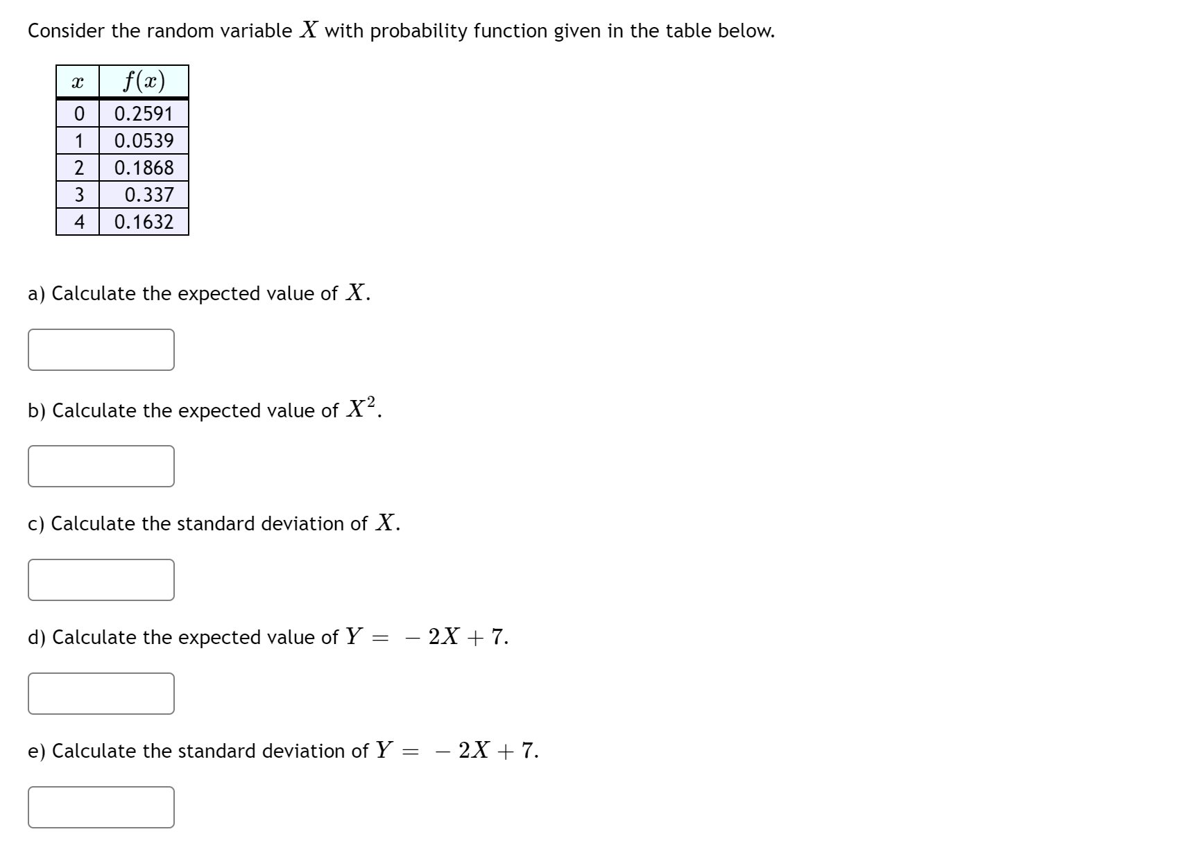 Consider the random variable X with probability function given in the table below.
f(x)
0.2591
0.0539
2
0.1868
3
0.337
4
0.1632
a) Calculate the expected value of X.
b) Calculate the expected value of X?.
c) Calculate the standard deviation of X.
d) Calculate the expected value of Y =
- 2X + 7.
e) Calculate the standard deviation of Y = – 2X + 7.
