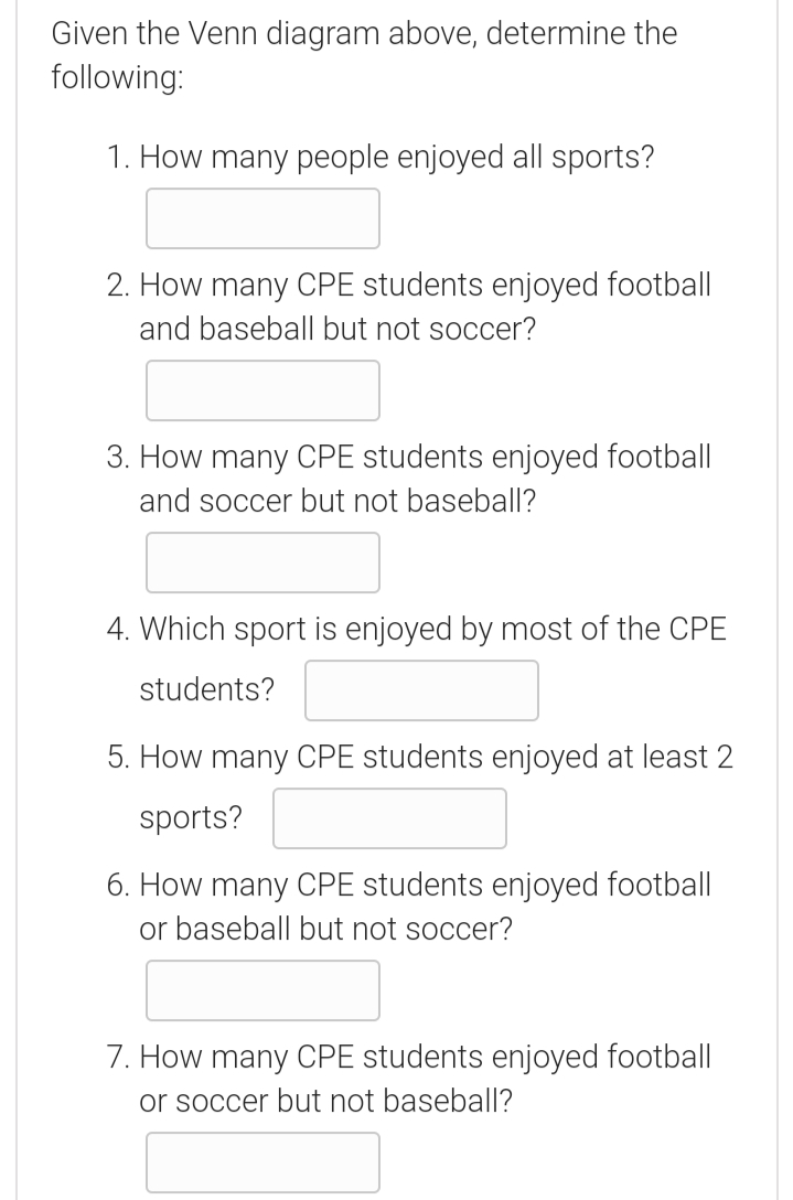 Given the Venn diagram above, determine the
following:
1. How many people enjoyed all sports?
2. How many CPE students enjoyed football
and baseball but not soccer?
3. How many CPE students enjoyed football
and soccer but not baseball?
4. Which sport is enjoyed by most of the CPE
students?
5. How many CPE students enjoyed at least 2
sports?
6. How many CPE students enjoyed football
or baseball but not soccer?
7. How many CPE students enjoyed football
or soccer but not baseball?
