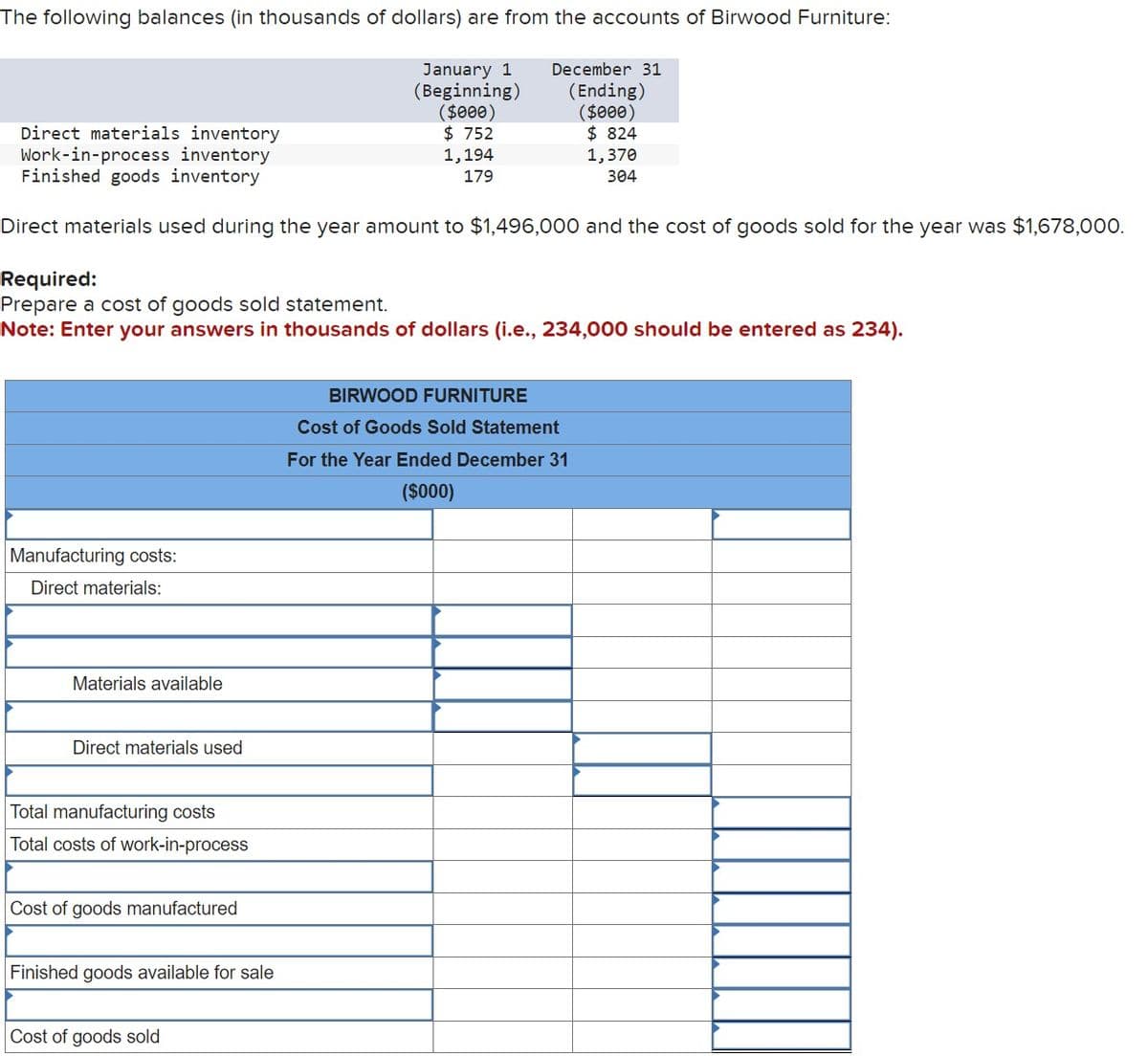 The following balances (in thousands of dollars) are from the accounts of Birwood Furniture:
Direct materials inventory
January 1
(Beginning)
($000)
$ 752
1,194
179
December 31
(Ending)
($000)
$ 824
Work-in-process inventory
Finished goods inventory
1,370
304
Direct materials used during the year amount to $1,496,000 and the cost of goods sold for the year was $1,678,000.
Required:
Prepare a cost of goods sold statement.
Note: Enter your answers in thousands of dollars (i.e., 234,000 should be entered as 234).
BIRWOOD FURNITURE
Cost of Goods Sold Statement
For the Year Ended December 31
Manufacturing costs:
Direct materials:
Materials available
Direct materials used
Total manufacturing costs
Total costs of work-in-process
Cost of goods manufactured
Finished goods available for sale
Cost of goods sold
($000)