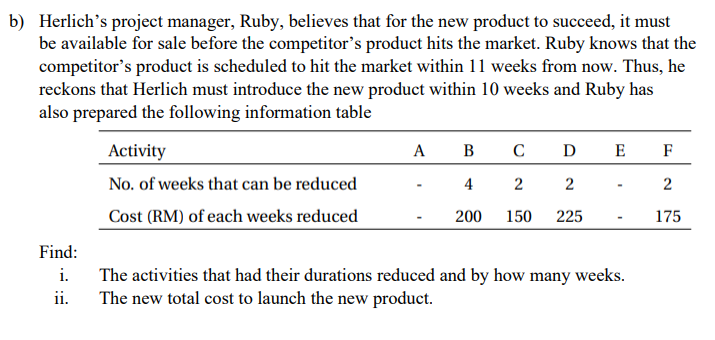 b) Herlich's project manager, Ruby, believes that for the new product to succeed, it must
be available for sale before the competitor's product hits the market. Ruby knows that the
competitor's product is scheduled to hit the market within 11 weeks from now. Thus, he
reckons that Herlich must introduce the new product within 10 weeks and Ruby has
also prepared the following information table
Find:
i.
ii.
Activity
No. of weeks that can be reduced
Cost (RM) of each weeks reduced
A
B
C D E
4
2
2
200 150 225
The activities that had their durations reduced and by how many weeks.
The new total cost to launch the new product.
F
2
175