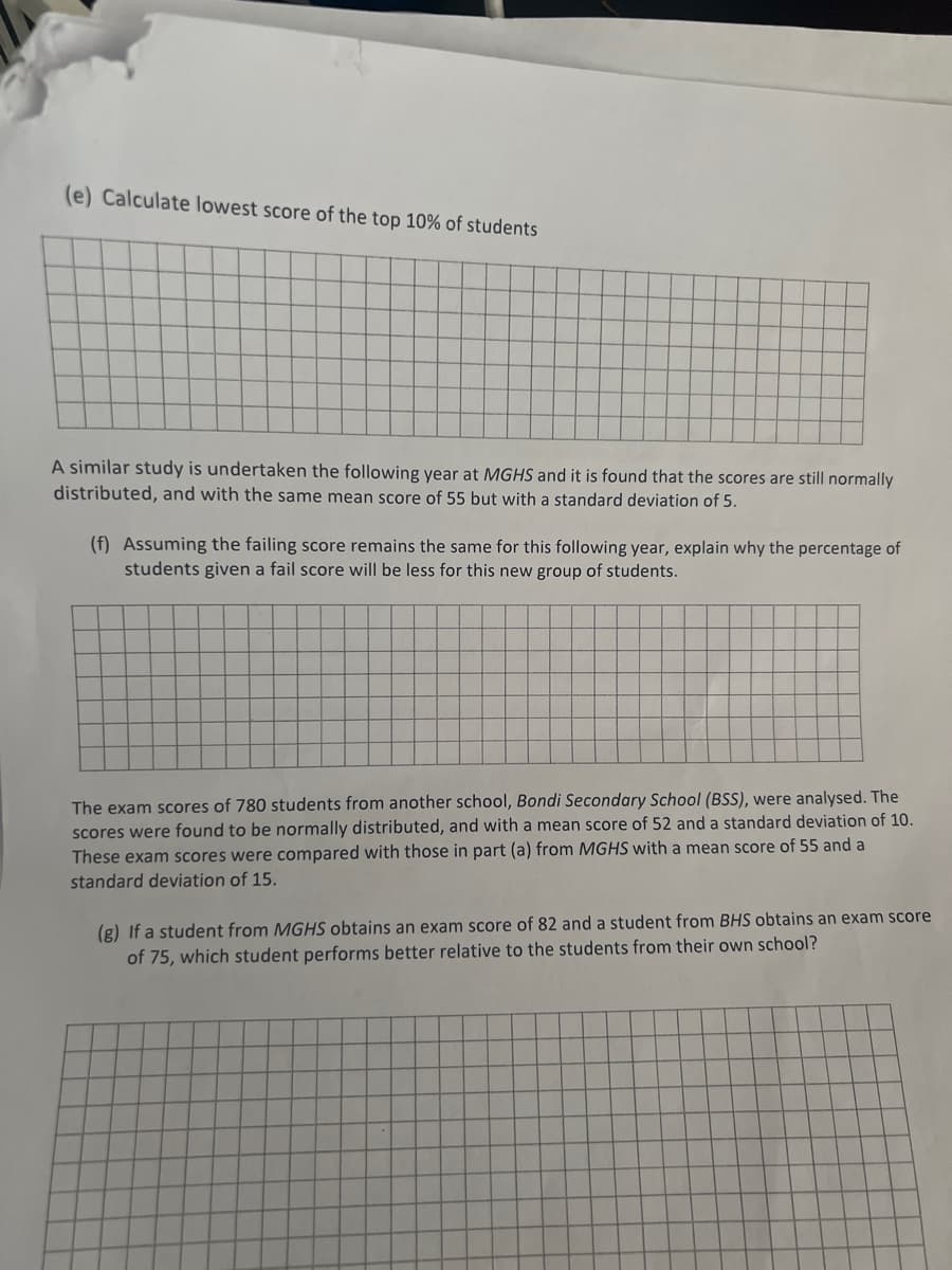 (e) Calculate lowest score of the top 10% of students
A similar study is undertaken the following year at MGHS and it is found that the scores are still normally
distributed, and with the same mean score of 55 but with a standard deviation of 5.
(f) Assuming the failing score remains the same for this following year, explain why the percentage of
students given a fail score will be less for this new group of students.
The exam scores of 780 students from another school, Bondi Secondary School (BSS), were analysed. The
scores were found to be normally distributed, and with a mean score of 52 and a standard deviation of 10.
These exam scores were compared with those in part (a) from MGHS with a mean score of 55 and a
standard deviation of 15.
(g) If a student from MGHS obtains an exam score of 82 and a student from BHS obtains an exam score
of 75, which student performs better relative to the students from their own school?