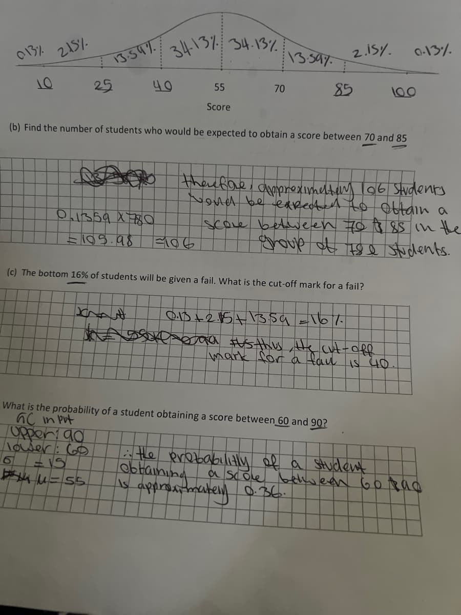 013%
10
215%
13.54%
25
34-13% 34.13%
40
0.1359x780
= 109.98
55
Score
70
1106
13.397
(b) Find the number of students who would be expected to obtain a score between 70 and 85
2.15%.
85 100
therefore, approximetery 106 students
would be expected to obtain a
score between 70 $ 85 in the
group of 78 students.
(c) The bottom 16% of students will be given a fail. What is the cut-off mark for a fail?
0.13 +215+13.59 =16/
ega Fus thus, He cut-off
What is the probability of a student obtaining a score between 60 and 90?
ac in put
opper 90
lower: 60
15
μ=55
E
mark for a fan is 40.
0.13%
in the probability of a student
obtaining
a score
is approximately 0.36.
between Go Rad