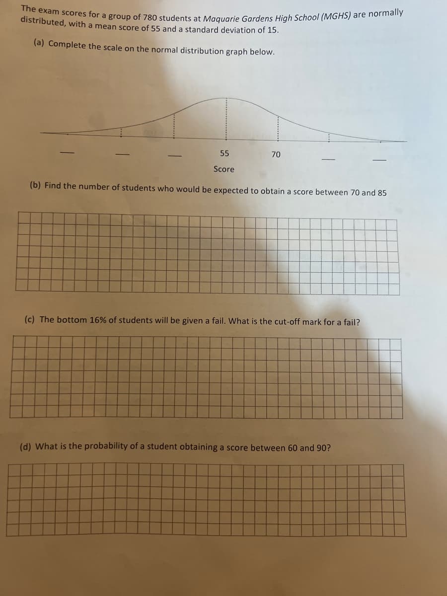 The exam scores for a group of 780 students at Maquarie Gardens High School (MGHS) are normally
distributed, with a mean score of 55 and a standard deviation of 15.
(a) Complete the scale on the normal distribution graph below.
55
Score
70
(b) Find the number of students who would be expected to obtain a score between 70 and 85
(c) The bottom 16% of students will be given a fail. What is the cut-off mark for a fail?
(d) What is the probability of a student obtaining a score between 60 and 90?