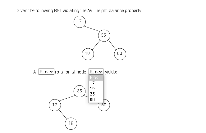 Given the following BST violating the AVL height balance property:
17
17
19
19
A Pick rotation at node Pick yields:
Pick
17
19
35
80
35
35
80
80