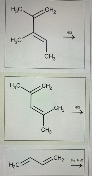 H3C.
H₂C
H₂C.
H₂C
CH₂
CH3
CH₂
CH3
HCI
CH3 HCI
CH₂
Br₂, H₂O