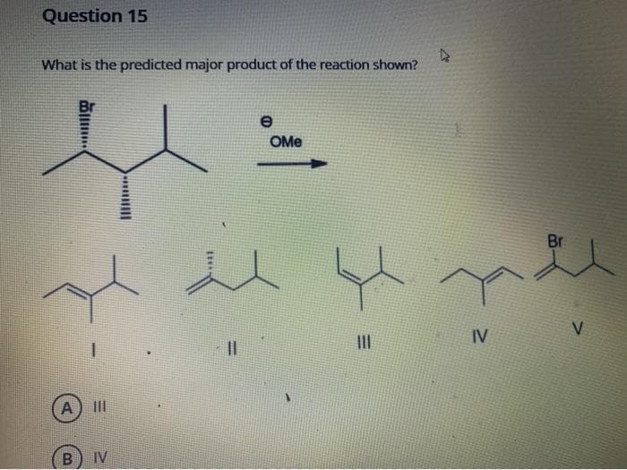 Question 15
What is the predicted major product of the reaction shown?
A
B
Br
IV
ه
للملال
||
OMe
|||
IV
Br
V