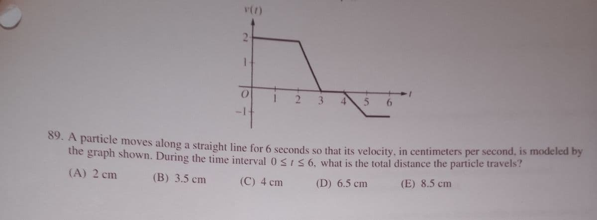 r(t)
2.
1
2 3
5.
6.
03. A particile moves along a straight line for 6 seconds so that its velocity, in centimeters per second, is modeled by
the graph shown. During the time interval 0 SIS6. what is the total distance the particle travels?
(A) 2 cm
(B) 3.5 сm
(C) 4 cm
(D) 6.5 cm
(E) 8.5 cm
4)
