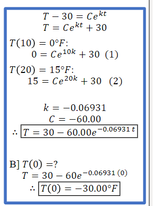 T-30 = Cekt
T = Cekt + 30
T(10) = 0°F:
0 Ce¹0k + 30 (1)
=
T(20) = 15°F:
15 Ce 20k + 30 (2)
=
k = -0.06931
C = -60.00
T = 30 - 60.00e-0.06931 t
B] T(0) =?
T = 30-60e-0.06931 (0)
T(0) = -30.00°F