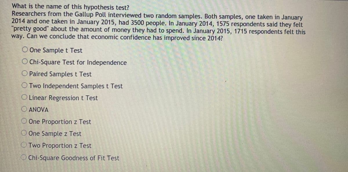 What is the name of this hypothesis test?
Researchers from the Gallup Poll interviewed two random samples. Both samples, one taken in January
2014 and one taken in January 2015, had 3500 people. In January 2014, 1575 respondents said they felt
"pretty good" about the amount of money they had to spend. In January 2015, 1715 respondents felt this
way. Can we conclude that economic confidence has improved since 2014?
O One Sample t Test
O Chi-Square Test for Independence
O Paired Samples t Test
O Two Independent Samples t Test
O Linear Regression t Test
O ANOVA
O One Proportion z Test
O One Sample z Test
O Two Proportion z Test
Chi-Square Goodness of Fit Test
