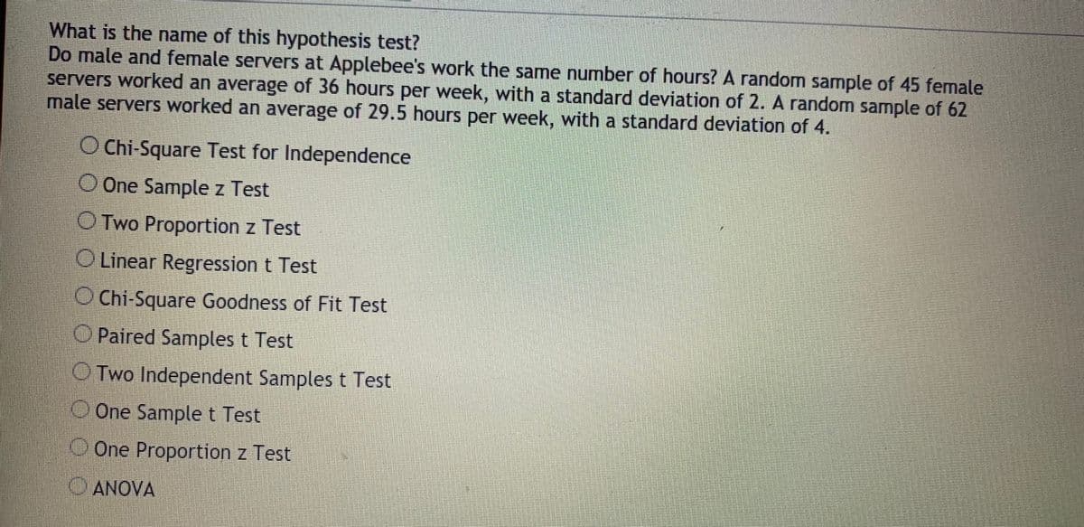 What is the name of this hypothesis test?
Do male and female servers at Applebee's work the same number of hours? A random sample of 45 female
servers worked an average of 36 hours per week, with a standard deviation of 2. A random sample of 62
male servers worked an average of 29.5 hours per week, with a standard deviation of 4.
O Chi-Square Test for Independence
O One Sample z Test
OTwo Proportion z Test
Z.
OLinear Regression t Test
O Chi-Square Goodness of Fit Test
O Paired Samples t Test
OTwo Independent Samples t Test
O One Sample t Test
O One Proportion z Test
OANOVA
