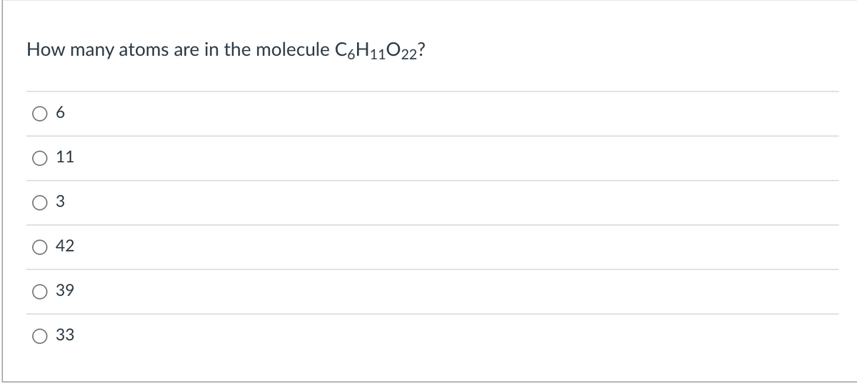 How many atoms are in the molecule C6H11022?
6
11
3
42
39
33
