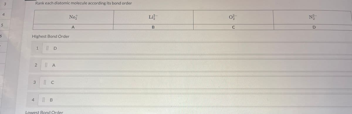 5
6
3
4
Rank each diatomic molecule according its bond order
Highest Bond Order
4
3
1
2
D
A
C
B
Ne
Lowest Bond Order
A
Li²/2
B
02/-
C
N2/
D