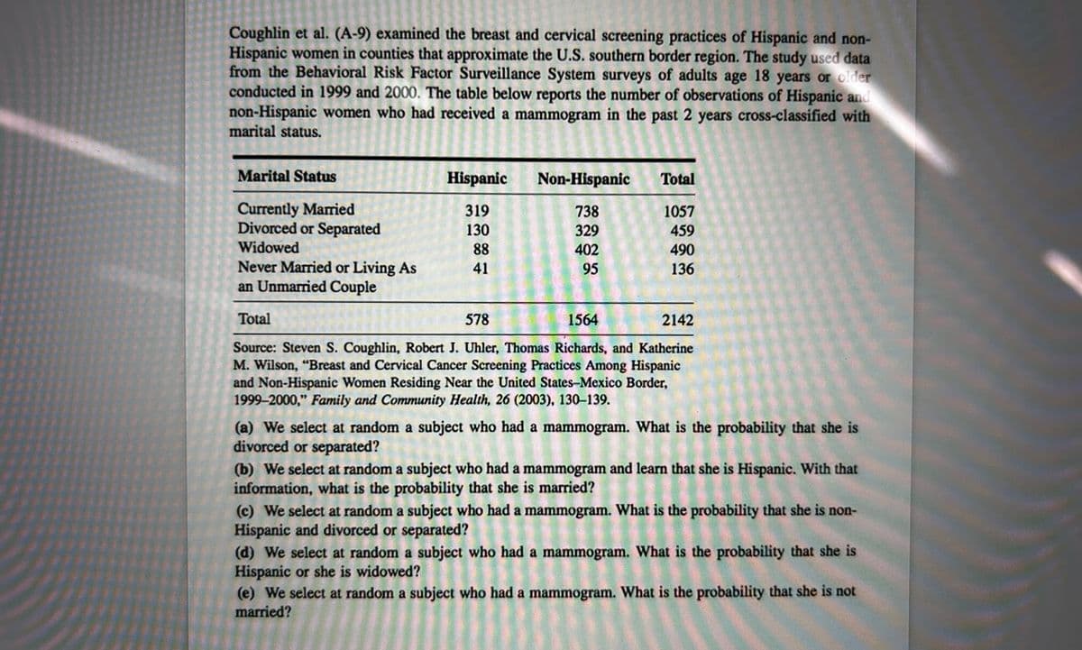 Coughlin et al. (A-9) examined the breast and cervical screening practices of Hispanic and non-
Hispanic women in counties that approximate the U.S. southern border region. The study used data
from the Behavioral Risk Factor Surveillance System surveys of adults age 18 years or older
conducted in 1999 and 2000. The table below reports the number of observations of Hispanic and
non-Hispanic women who had received a mammogram in the past 2 years cross-classified with
marital status.
Marital Status
Currently Married
Divorced or Separated
Widowed
Never Married or Living As
an Unmarried Couple
Hispanic
319
130
88
41
Non-Hispanic
738
329
402
95
(a) We select at random a subject who
divorced or separated?
ect who ha
Total
1057
459
490
136
Total
578
1564
2142
Source: Steven S. Coughlin, Robert J. Uhler, Thomas Richards, and Katherine
M. Wilson, "Breast and Cervical Cancer Screening Practices Among Hispanic
and Non-Hispanic Women Residing Near the United States-Mexico Border,
1999-2000," Family and Community Health, 26 (2003), 130-139.
had a mammogram. What is the probability that she is
(b) We select at random a subject who had a mammogram and learn that she is Hispanic. With that
information, what is the probability that she is married?
panico
(c) We select at random a subject who had a mammogram. What is the probability that she is non-
Hispanic and divorced or separated?
(d) We select at random a subject who had a mammogram. What is the probability that she is
Hispanic or she is widowed?
(e) We select at random a subject who had a mammogram. What is the probability that she is not
married?