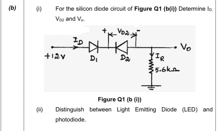 (b)
(i)
For the silicon diode circuit of Figure Q1 (b(i)) Determine ID,
VD2 and Vo.
+
Voa
Vo
+12v
DI
Da
(IR
35.6kA
Figure Q1 (b (i))
(ii)
Distinguish between Light Emitting Diode (LED) and
photodiode.
