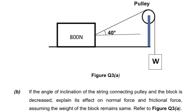 Pulley
40°
800N
Figure Q3(a)
(b)
If the angle of inclination of the string connecting pulley and the block is
decreased, explain its effect on normal force and frictional force,
assuming the weight of the block remains same. Refer to Figure Q3(a).
