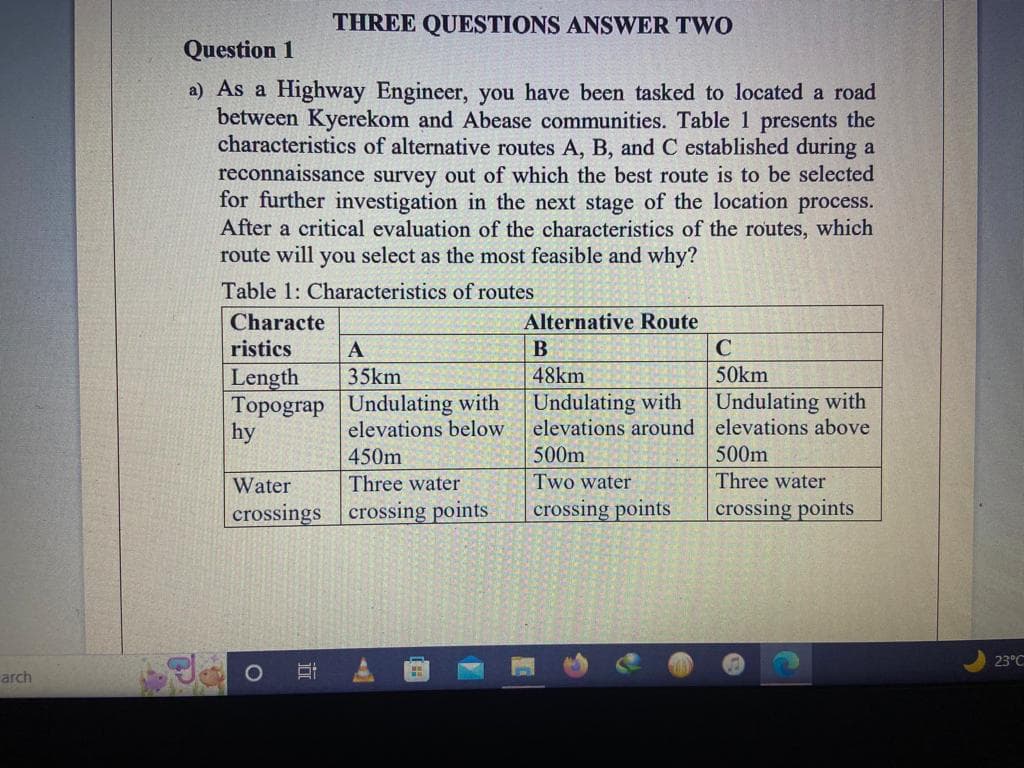 arch
THREE QUESTIONS ANSWER TWO
Question 1
a) As a Highway Engineer, you have been tasked to located a road
between Kyerekom and Abease communities. Table 1 presents the
characteristics of alternative routes A, B, and C established during a
reconnaissance survey out of which the best route is to be selected
for further investigation in the next stage of the location process.
After a critical evaluation of the characteristics of the routes, which
route will you select as the most feasible and why?
Table 1: Characteristics of routes
Characte
ristics
Length
Topograp
hy
A
35km
Di
Undulating with
elevations below.
450m
Water
Three water
crossings crossing points
T
H
Alternative Route
B
48km
Undulating with
elevations around
500m
Two water
crossing points
C
50km
Undulating with
elevations above
500m
Three water
crossing points
23°C