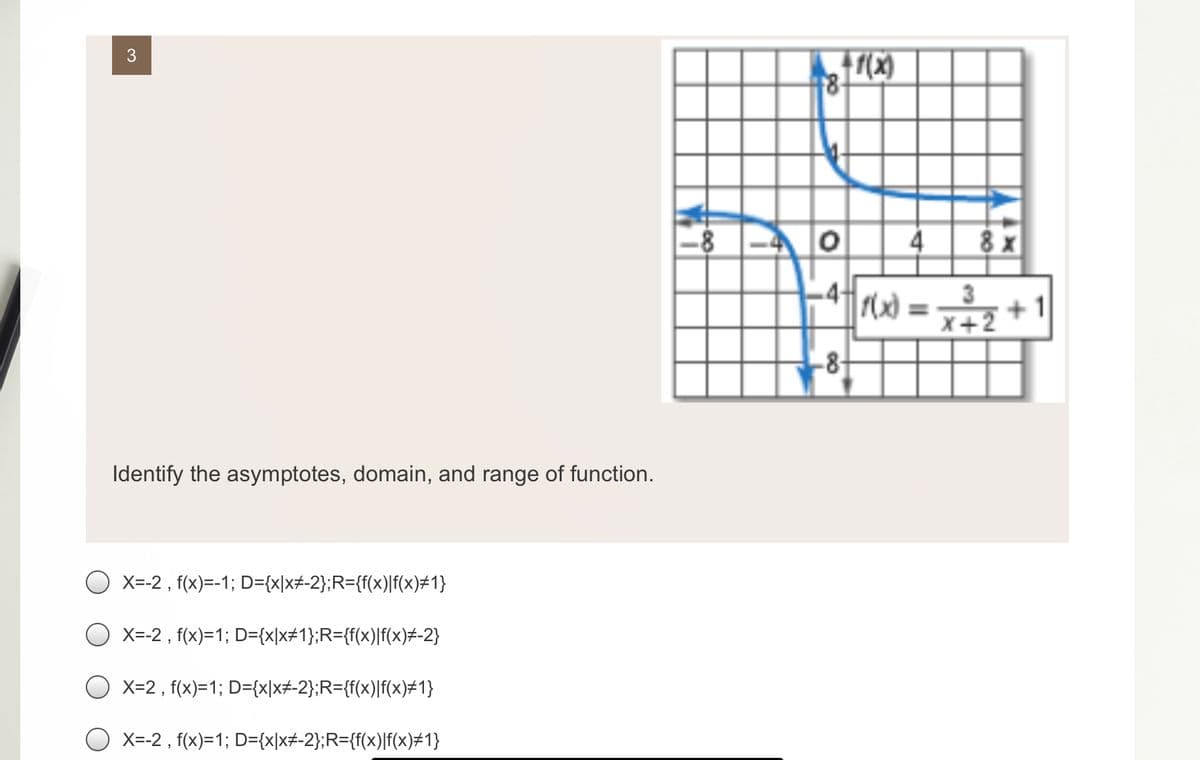 +7(x)
8
8 x
%3D
x+2
-8
Identify the asymptotes, domain, and range of function.
X=-2 , f(x)=-1; D={x|x#-2};R={f(x)|f(x)#1}
X=-2 , f(x)=1; D={x|x#1};R={f(x)|f(x)+-2}
X=2 , f(x)=1; D={x|x#-2};R={f(x)|f(x)#1}
X=-2 , f(x)=1; D={x|x#-2};R={f(x)|f(x)#1}
