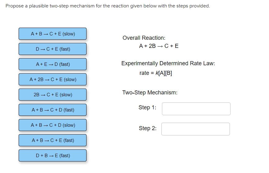 Propose a plausible two-step mechanism for the reaction given below with the steps provided.
A+B -C +E (slow)
Overall Reaction:
A+ 2B → C + E
D-C+E (fast)
A+E-D (fast)
Experimentally Determined Rate Law:
rate = k[A][B]
%3D
A+ 2B - C + E (slow)
2B -C+E (slow)
Two-Step Mechanism:
A +B -C+D (fast)
Step 1:
A + B -C+ D (slow)
Step 2:
A +B -C+E (fast)
D +B -E (fast)
