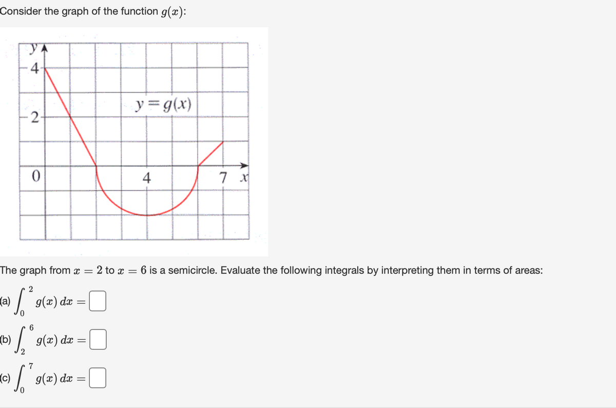 Consider the graph of the function g(x):
yA
y = g(x)
-2-
4
The graph from x = 2 to x = 6 is a semicircle. Evaluate the following integrals by interpreting them in terms of areas:
2
(a)
» 9(æ) dæ =
(b) / g(x) dæ
7
(c)
g(x) d
