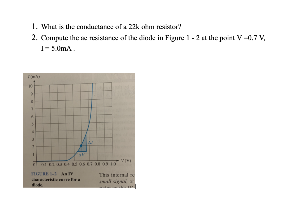 1. What is the conductance of a 22k ohm resistor?
2. Compute the ac resistance of the diode in Figure 1 - 2 at the point V =0.7 V,
I= 5.0mA.
I (mA)
10
8
7.
4
3
AL
1
AV
V (V)
ol 0.1 0.2 0.3 0.4 0.5 0.6 0.7 0.8 0.9 1.0
FIGURE 1–2 An IV
This internal re
characteristic curve for a
small signal, or
diode.
