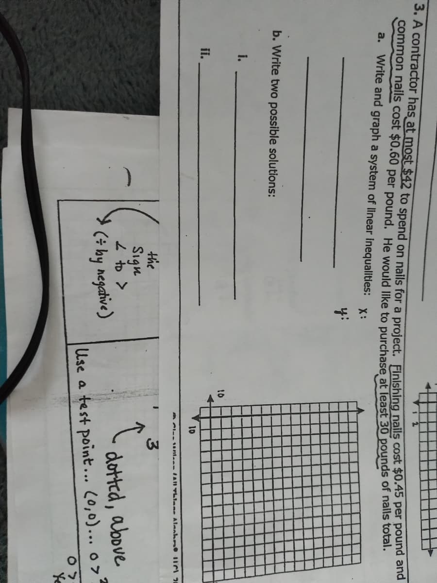 common nails cost $0.60 per pound, He would llke to purchase at least 30 pounds of Haiis toe
a. Write and graph a system of linear inequalities:
a
::
y:
b. Write two possible solutions:
i.
10
ii.
10
the
3
Sign
< 4 7
(i by negative)
dotted, above
Use a test point... (0,0)... o >
Ye
