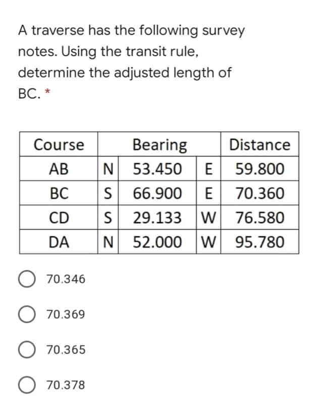 A traverse has the following survey
notes. Using the transit rule,
determine the adjusted length of
ВС. *
Course
Bearing
Distance
E 59.800
E 70.360
29.133 W 76.580
N 52.000 w 95.780
АВ
N 53.450
ВС
S
66.900
CD
S
DA
70.346
O 70.369
70.365
O 70.378
