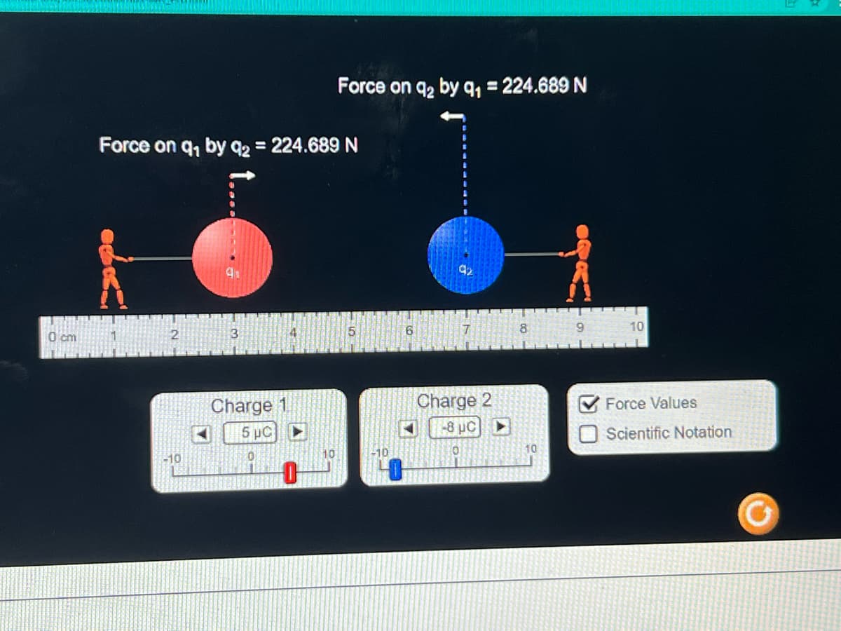 0 cm
Force on q₁ by q2 = 224.689 N
-10
Charge 1
5 µC
0
4
0
Force on 9₂ by 9₁ = 224.689 N
10
5
6
4
92
7
Charge 2
-8 μC
0
▶
8
10
10
Force Values
Scientific Notation