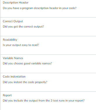 Description Header
Do you have a program description header in your code?
Correct Output
Did you get the correct output?
Readability
Is your output easy to read?
Variable Names
Did you choose good variable names?
Code indentation
Did you indent the code properly?
Report
Did you include the output from the 3 test runs in your report?