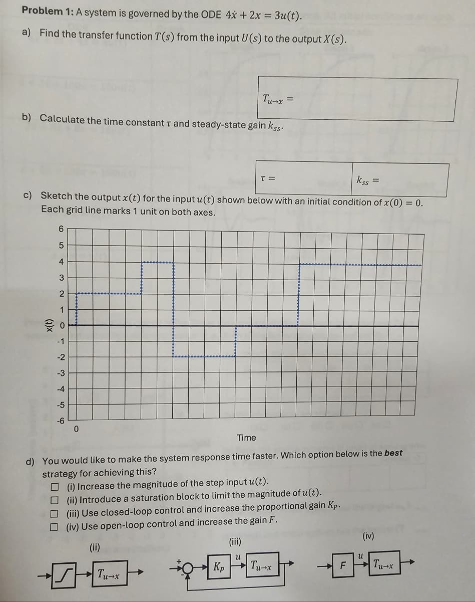 Problem 1: A system is governed by the ODE 4x+2x=3u(t).
a) Find the transfer function T(s) from the input U(s) to the output X(s).
Tu-+x=
b) Calculate the time constant I and steady-state gain kss-
T =
kss
c) Sketch the output x(t) for the input u(t) shown below with an initial condition of x(0) = 0.
Each grid line marks 1 unit on both axes.
6
5
x(t)
4
3
2
1
-1
-2
-3
-4
-5
-6
0
Time
d) You would like to make the system response time faster. Which option below is the best
strategy for achieving this?
(i) Increase the magnitude of the step input u(t).
(ii) Introduce a saturation block to limit the magnitude of u(t).
(iii) Use closed-loop control and increase the proportional gain Kp.
(iv) Use open-loop control and increase the gain F.
(ii)
Tu→x
(iv)
(iii)
Kp
Tu→x
F
Tu→x