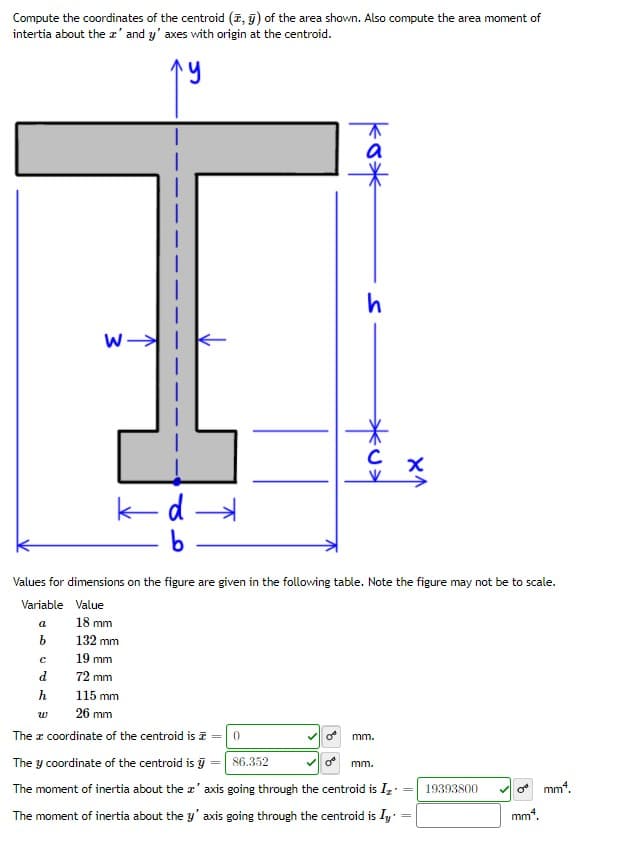 Compute the coordinates of the centroid (7, 9) of the area shown. Also compute the area moment of
intertia about the z' and y' axes with origin at the centroid.
a
k-d
Values for dimensions on the figure are given in the following table. Note the figure may not be to scale.
Variable Value
18 mm
132 mm
19 mm
d
72 mm
h
115 mm
w
26 mm
The z coordinate of the centroid is a =
mm.
The y coordinate of the centroid is
86.352
mm.
The moment of inertia about the z' axis going through the centroid is Iz
19393800
o mm.
The moment of inertia about the y' axis going through the centroid is Iy
mm.
