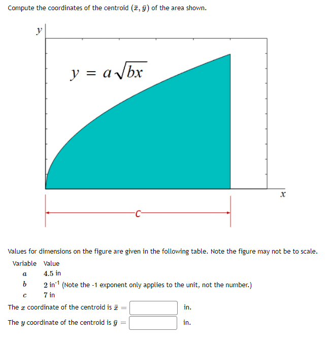 Compute the coordinates of the centroid (i, g) of the area shown.
y
y = a /bx
Values for dimensions on the figure are given in the following table. Note the figure may not be to scale.
Variable Value
a
4.5 in
2 in'1 (Note the -1 exponent only applies to the unit, not the number.)
7 in
The a coordinate of the centroid is =
in.
The y coordinate of the centroid is ỹ =
in.
