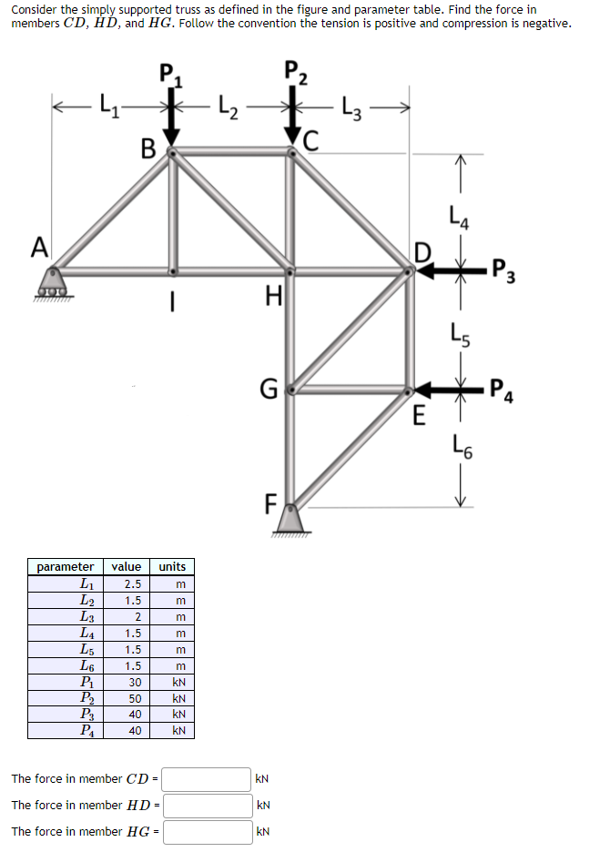 Consider the simply supported truss as defined in the figure and parameter table. Find the force in
members CD, HD, and HG. Follow the convention the tension is positive and compression is negative.
P2
L2
В
L4
D.
-P3
H
100
L5
-PA
E
G
L6
F,
value units
L1
L2
L3
L4
parameter
2.5
1.5
2
1.5
L5
L6
P1
P2
P3
P4
1.5
1.5
30
kN
50
kN
40
kN
40
kN
The force in member CD =
kN
The force in member HD =
kN
The force in member HG =
kN
E E E EE3
A
