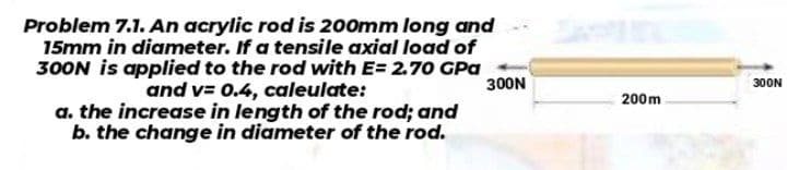 Problem 7.1. An acrylic rod is 200mm long and
15mm in diameter. If a tensile axial load of
300N is applied to the rod with E= 2.70 GPa
and v= 0.4, caleulate:
a. the increase in length of the rod; and
b. the change in diameter of the rod.
300N
300N
200m
