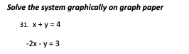 Solve the system graphically on graph paper
31. x+y = 4
-2x - y = 3
