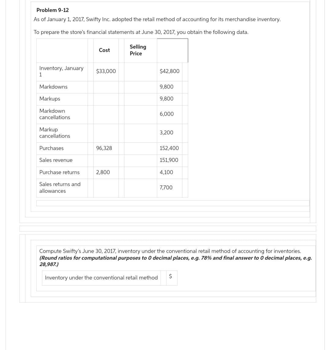 Problem 9-12
As of January 1, 2017, Swifty Inc. adopted the retail method of accounting for its merchandise inventory.
To prepare the store's financial statements at June 30, 2017, you obtain the following data.
Inventory, January
1
Markdowns
Markups
Markdown
cancellations
Markup
cancellations
Purchases
Sales revenue
Purchase returns
Sales returns and
allowances
Cost
$33,000
96,328
2,800
Selling
Price
$42,800
9,800
9,800
6,000
3,200
152,400
151,900
4,100
7,700
Compute Swifty's June 30, 2017, inventory under the conventional retail method of accounting for inventories.
(Round ratios for computational purposes to 0 decimal places, e.g. 78% and final answer to 0 decimal places, e.g.
28,987.)
Inventory under the conventional retail method $