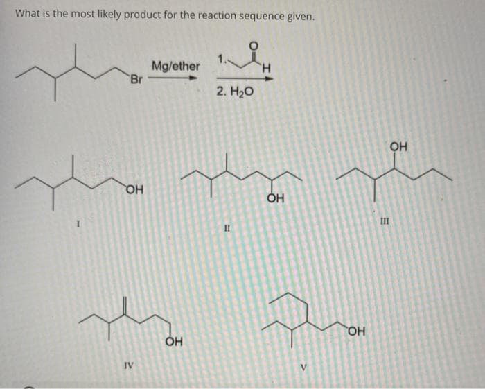 What is the most likely product for the reaction sequence given.
1
Br
OH
IV
Mg/ether
OH
2. H2O
II
OH
OH
OH
III